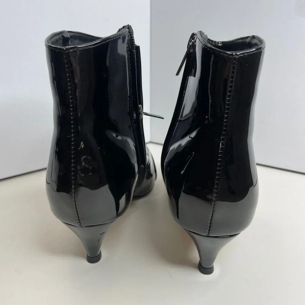 XYD Womens Black Patent Leather Pointed Toe Kitten Heel Ankle‎ Boots Size 8
